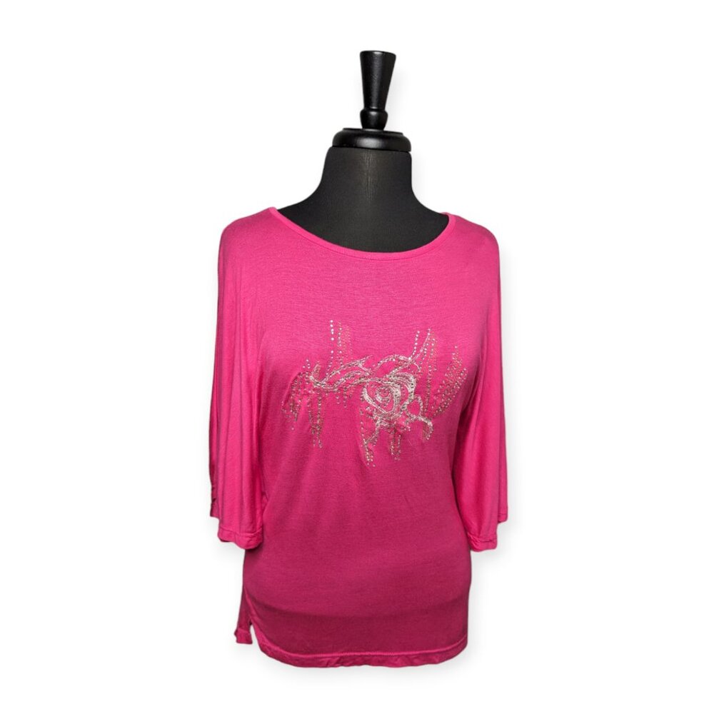 Glory Jeans Angel Wing Short Sleeve Pink Shirt with Rhinestone Accents Size XL